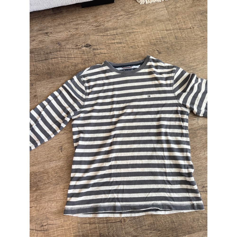 Tommy Hilfiger Mens Striped Long Sleeve T-Shirt Grey White Crew Neck Size M - Picture 2 of 3